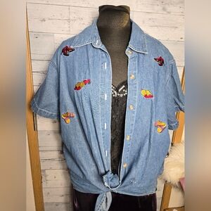 Vintage 90's Basic Editions Shoe Embroidered Denim Short Sleeve Button Shirt